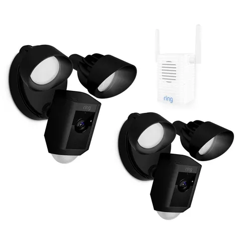 Outdoor Wi-Fi Wired Standard Surveillance Camera with Motion Activated Floodlight with Chime Pro in Black