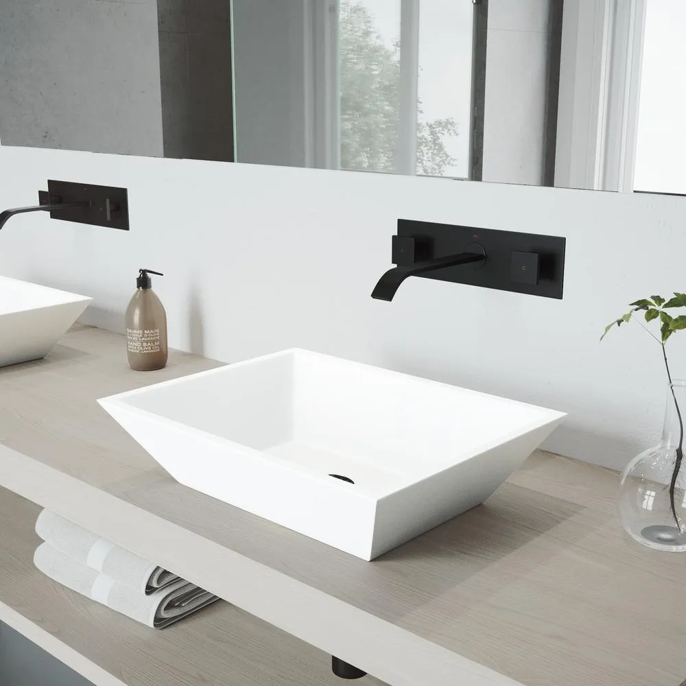 VIGO Vinca White Matte Stone Vessel Bathroom Sink Set with Titus Wall Mount Faucet in Matte Black, photo 3 of 12