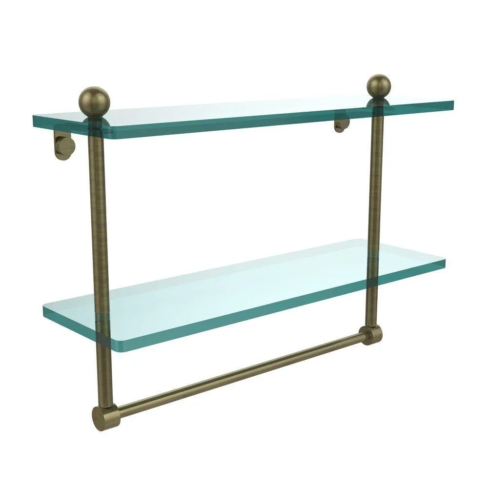 Allied Brass 16 in. L x 12 in. H x 5 in. W 2-Tier Clear Glass Bathroom Shelf with Towel Bar in Satin Nickel, photo 7 of 14