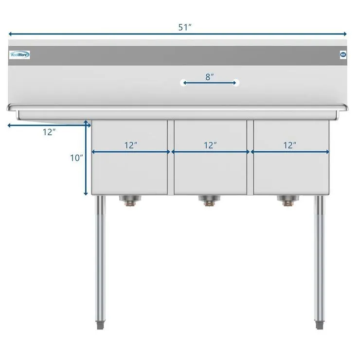 Freestanding Stainless Steel 51 in. 2-Hole Triple Bowl Commercial Kitchen Sink Left Drainboard, photo 4 of 9