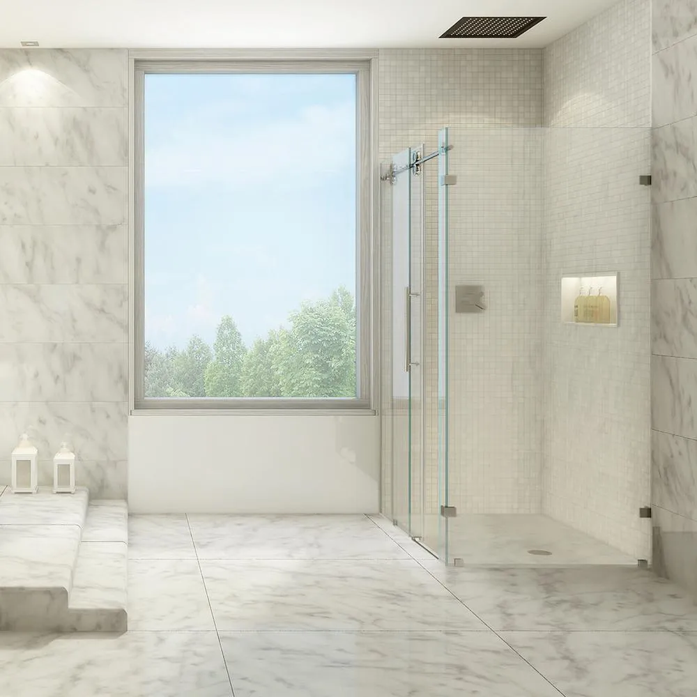 Winslow 34.625 in. x 74 in. Frameless Corner Bypass Shower Enclosure in Stainless Steel with Clear Glass, photo 12 of 15
