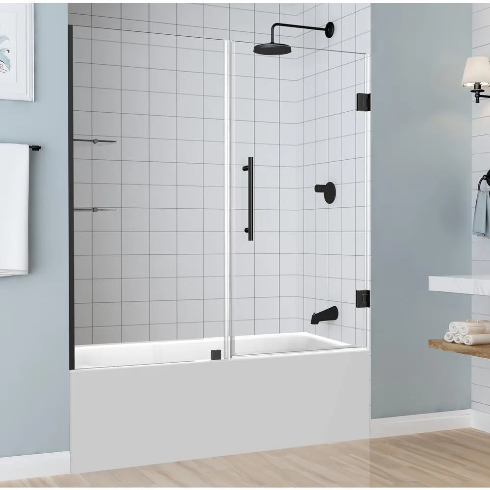 Belmore GS 59.25 in. to 60.25 in. x 60 in. Frameless Hinged Tub Door with Glass Shelves in Matte Black, photo 8 of 9