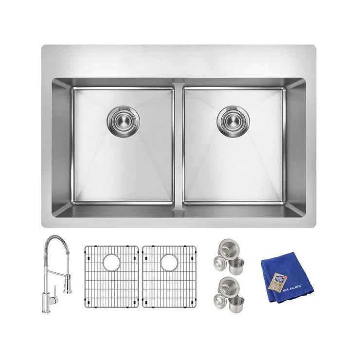 Crosstown Stainless Steel 33 in. Equal Double Bowl Dual Mount Kitchen Sink Kit with Faucet and Aqua Divide, photo 2 of 2