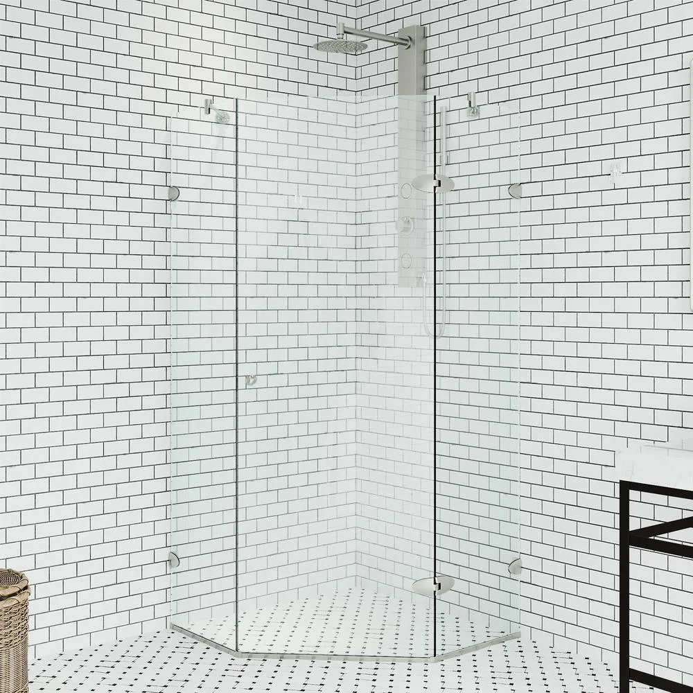 Verona 36.125 in. x 73.375 in. Frameless Neo-Angle Hinged Corner Shower Enclosure in Chrome with Clear Glass, photo 10 of 10