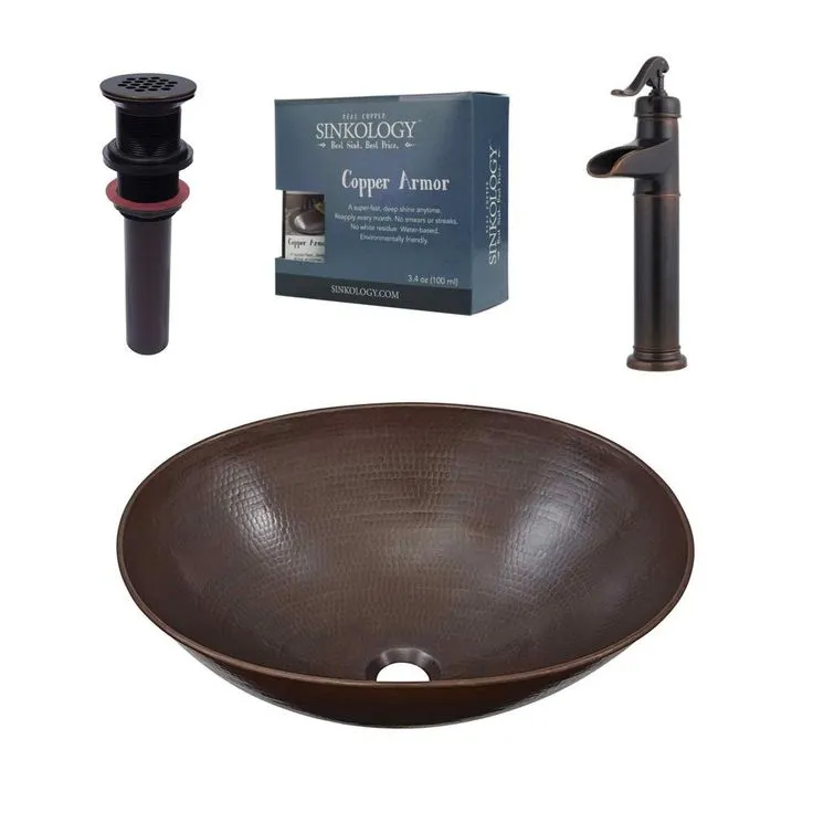 SINKOLOGY Maxwell All-In-One 18 in. Copper Bathroom Vessel Sink with Pfister Ashfield Rustic Bronze Faucet and Drain, photo 4 of 5