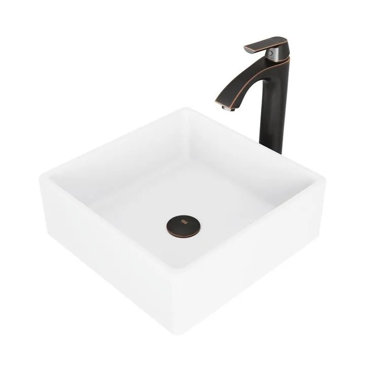 VIGO Dianthus White Matte Stone Vessel Bathroom Sink and Linus Bathroom Vessel Faucet in Antique Rubbed Bronze w/ Pop up, photo 6 of 10
