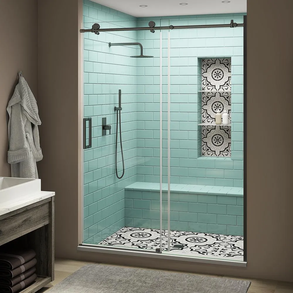 Coraline XL 64 - 68 in. x 80 in. Frameless Sliding Shower Door with StarCast Clear Glass in Matte Black Left Hand, photo 12 of 22