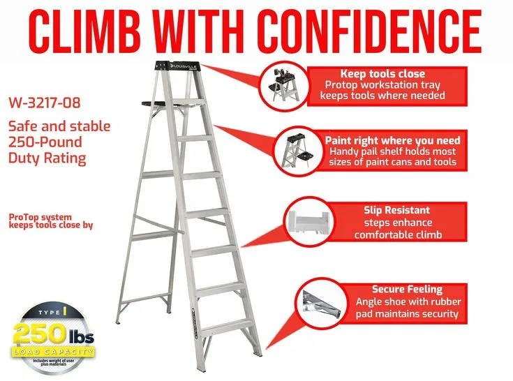 Louisville Ladder 8' Aluminum Step Ladder, 12' Reach, 250 lbs Load Capacity, W-2112-08S, photo 6 of 9
