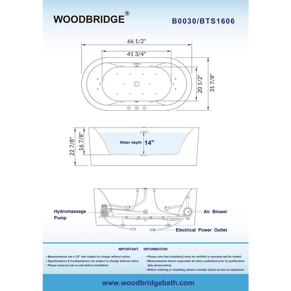 WOODBRIDGE Bologna 67 in. Acrylic Freestanding Whirlpool & Air Bathtub with Drain and Overflow, White, photo 6 of 20