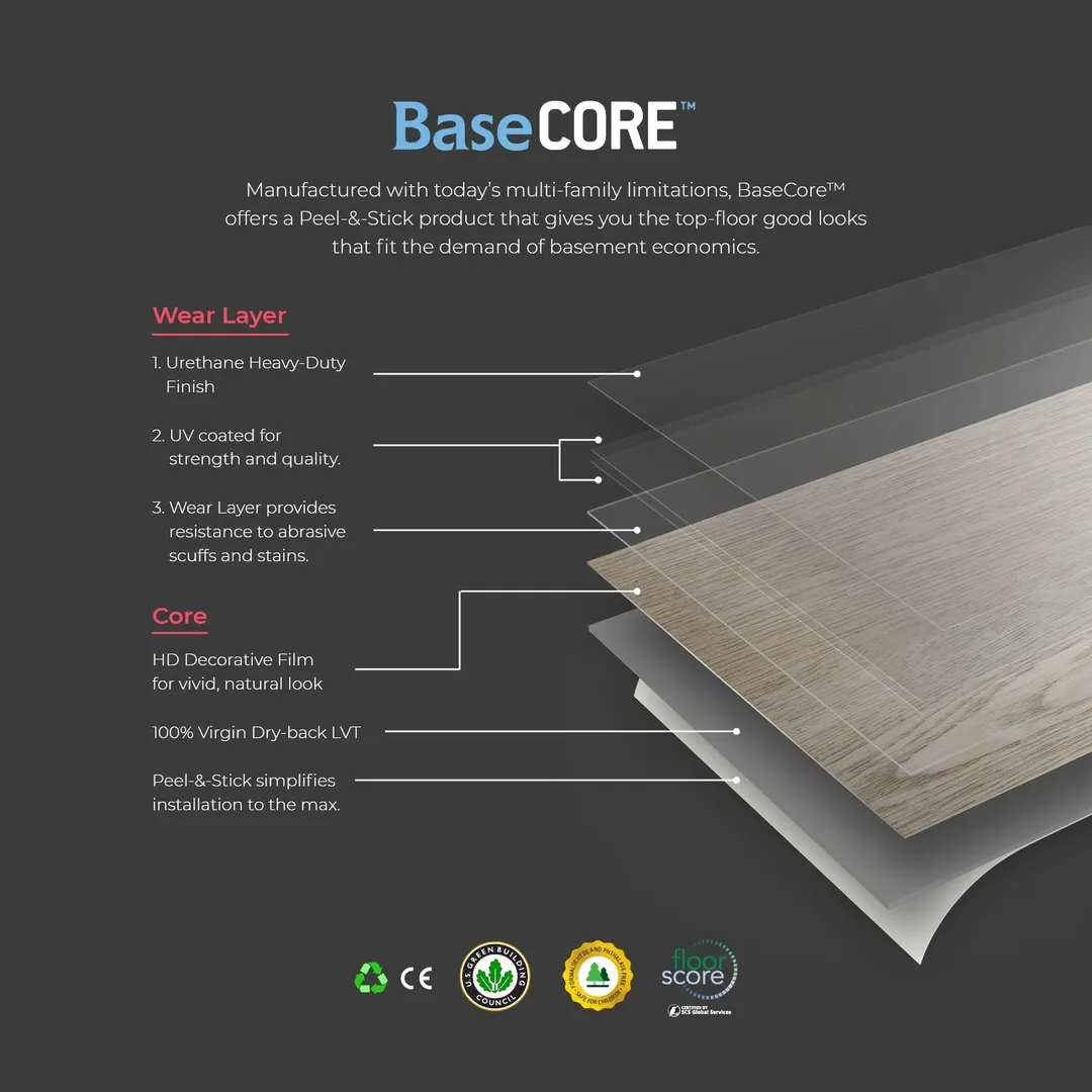 Lucida USA Basecore Almond Brown 12-mil x 6-in W x 36-in L Waterproof Peel and Stick Vinyl Plank Flooring (54-sq ft/ Carton), photo 8 of 10