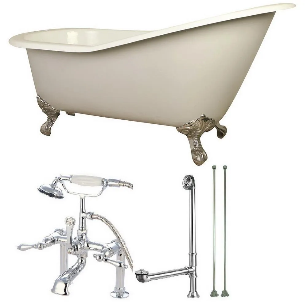 Slipper 62 in. Cast Iron Clawfoot Bathtub in White with Faucet Combo in Polished Brass, photo 6 of 8