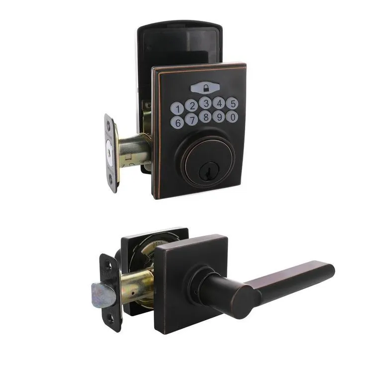 Square Aged Bronze Electronic Keypad Single Cylinder Deadbolt with Tonbridge Hall and Closet Door Lever Combo Pack, photo 2 of 9