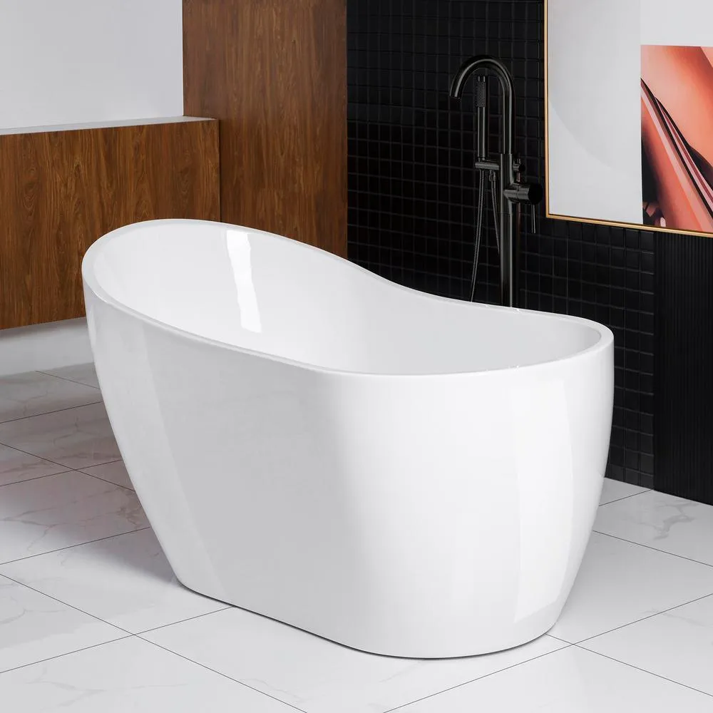WOODBRIDGE Lannion 54 in. Acrylic Freestanding Single Slipper Flat Bottom Soaking Bathtub with Drain and Overflow, White, photo 4 of 7