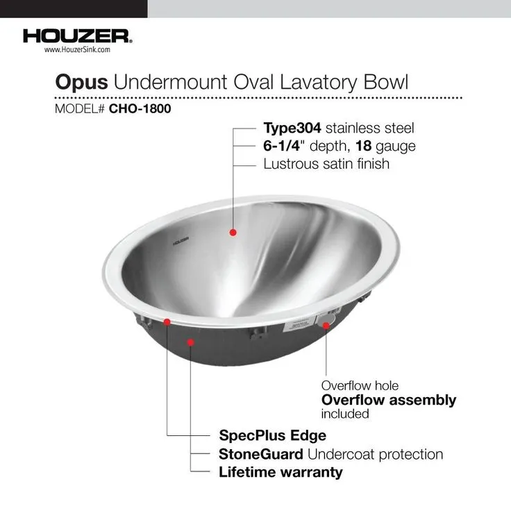 HOUZER Opus Series Undermount 13.6 in. Single Bowl Lavatory Sink with Overflow in Stainless Steel, photo 2 of 5