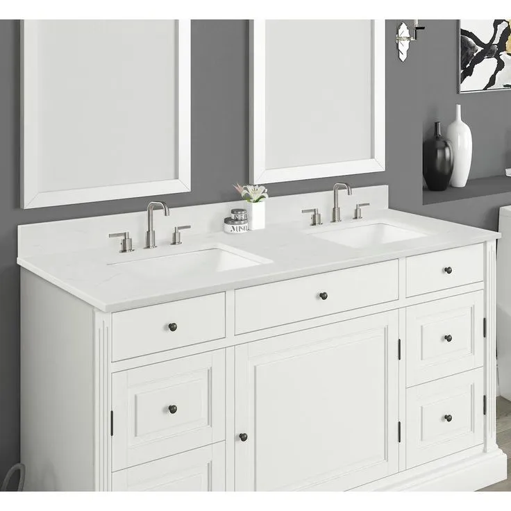 73 in. W x 22 in. D x 0.75 in. H Quartz Vanity Top in Carrara White with White Basins, photo 2 of 5