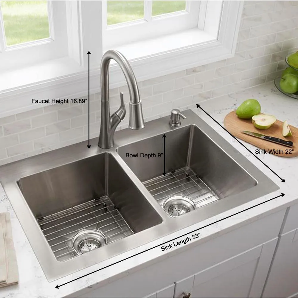 All-in-One Tight Radius Stainless Steel 33 in. 18-Gauge 2-Hole Double Bowl Dual Mount Kitchen Sink with Pull Down Faucet, photo 7 of 7