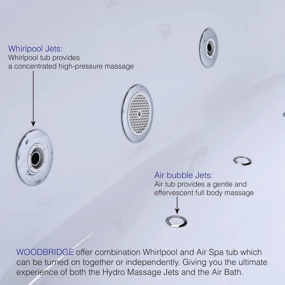 WOODBRIDGE Andria 67 in. Acrylic Freestanding Whirlpool & Air Bathtub with Drain and Overflow, White, photo 7 of 16
