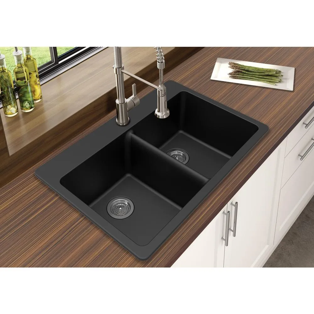 Winpro Dual Mount Granite Composite 33 in. L x 22 in. L x 9.5 in. 0-5 Faucet Holes Double Equal Bowl Kitchen Sink in Black, photo 4 of 5