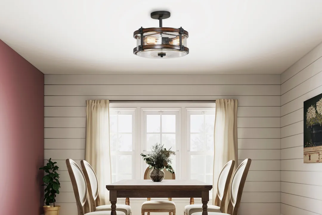 Kichler Barrington 14.75-in Distressed Black and Wood Tone Rustic Semi-Flush Mount Light, 3-Light, photo 8 of 14