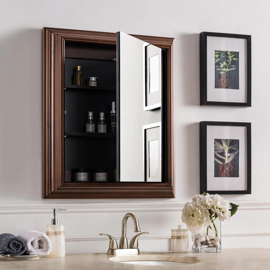 allen + roth 22.5-in x 27.5-in Fog Free Surface Mount Espresso Mirrored Soft Close Medicine Cabinet, photo 13 of 14