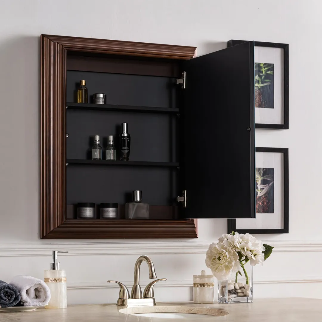 allen + roth 22.5-in x 27.5-in Fog Free Surface Mount Espresso Mirrored Soft Close Medicine Cabinet, photo 14 of 14