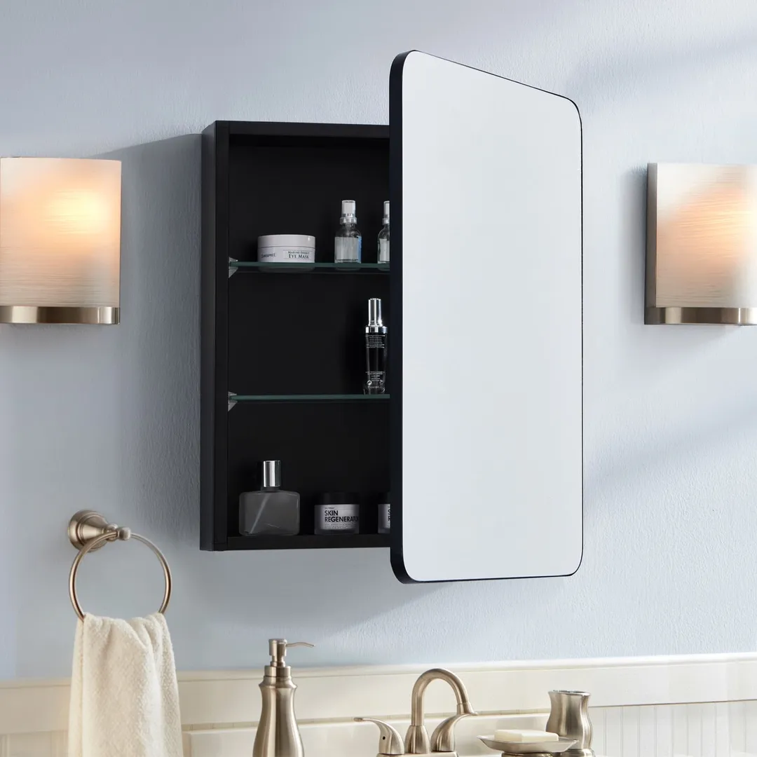 allen + roth 20-in x 26-in Surface/Recessed Mount Matte Black Mirrored Soft Close Medicine Cabinet, photo 9 of 10