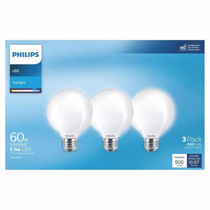 Philips 60-Watt Equivalent G25 LED Light Bulb Daylight Frosted Glass Globe Light Bulb (3-Pack), photo 5 of 5