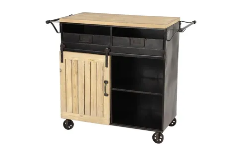 Black Metal Base with Wood Top Rolling Kitchen Cart