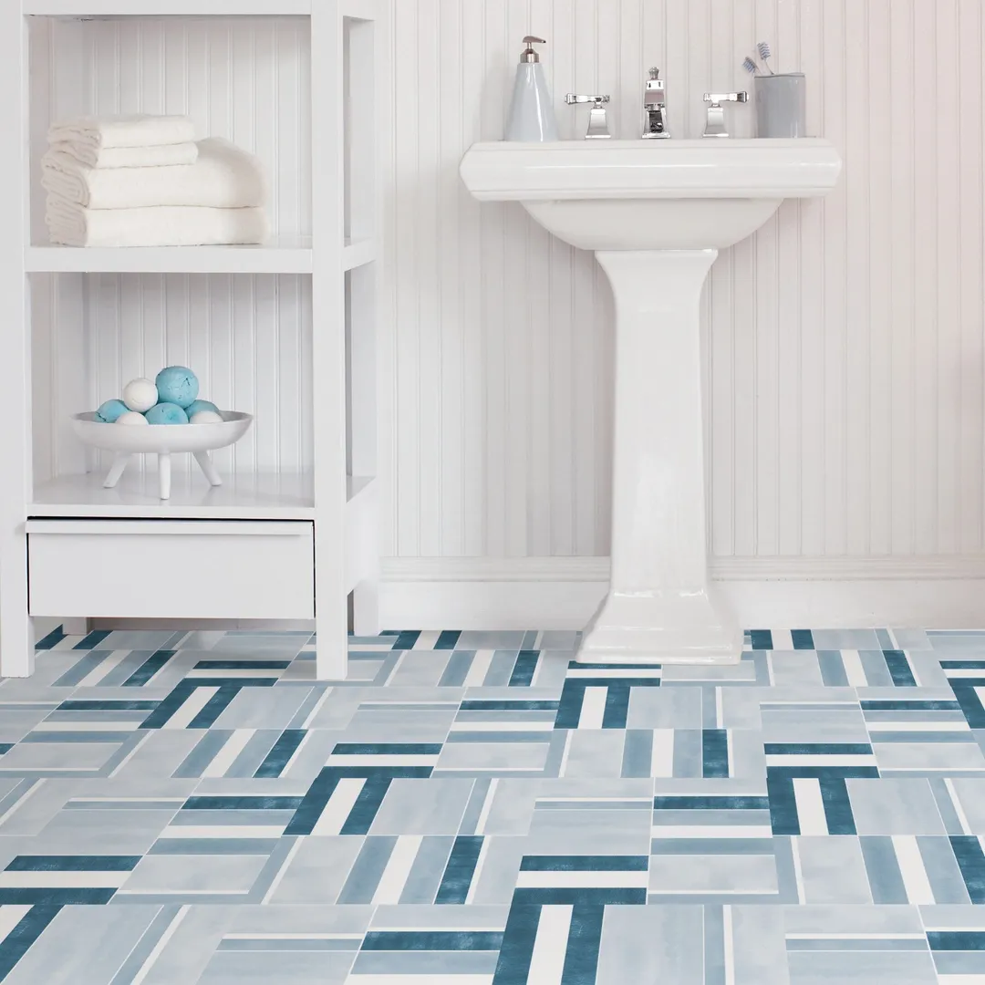 FloorPops Blue 2.76-mil x 12-in W x 12-in L Water Resistant Peel and Stick Vinyl Tile Flooring, photo 3 of 8