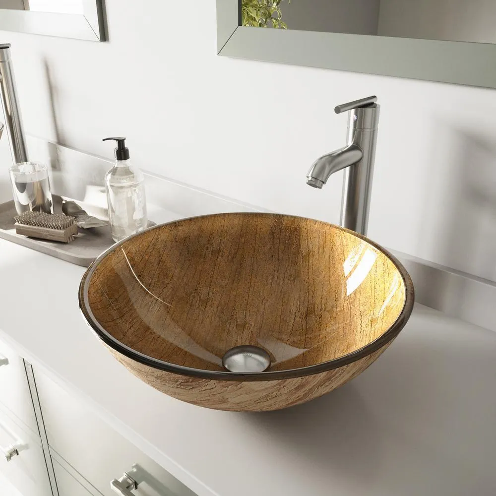 Glass Vessel Bathroom Sink in Gray Onyx and Seville Faucet Set in Matte Black, photo 25 of 27