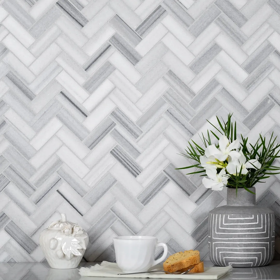 Apollo Tile (Sample) Gray 4-in x 4-in Polished Glass/Metal/Stone Marble Herringbone Floor and Wall Tile, photo 3 of 11