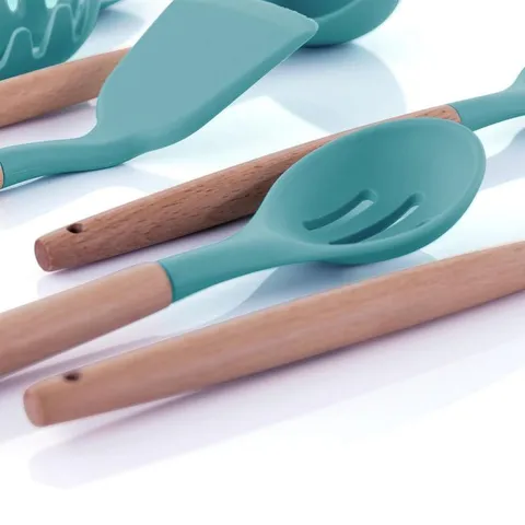 Light Teal Silicone and Wood Cooking Utensils (Set of 9)