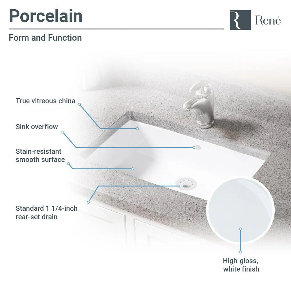 Undermount Porcelain Bathroom Sink in White with Pop-Up Drain in Brushed Nickel, photo 4 of 8