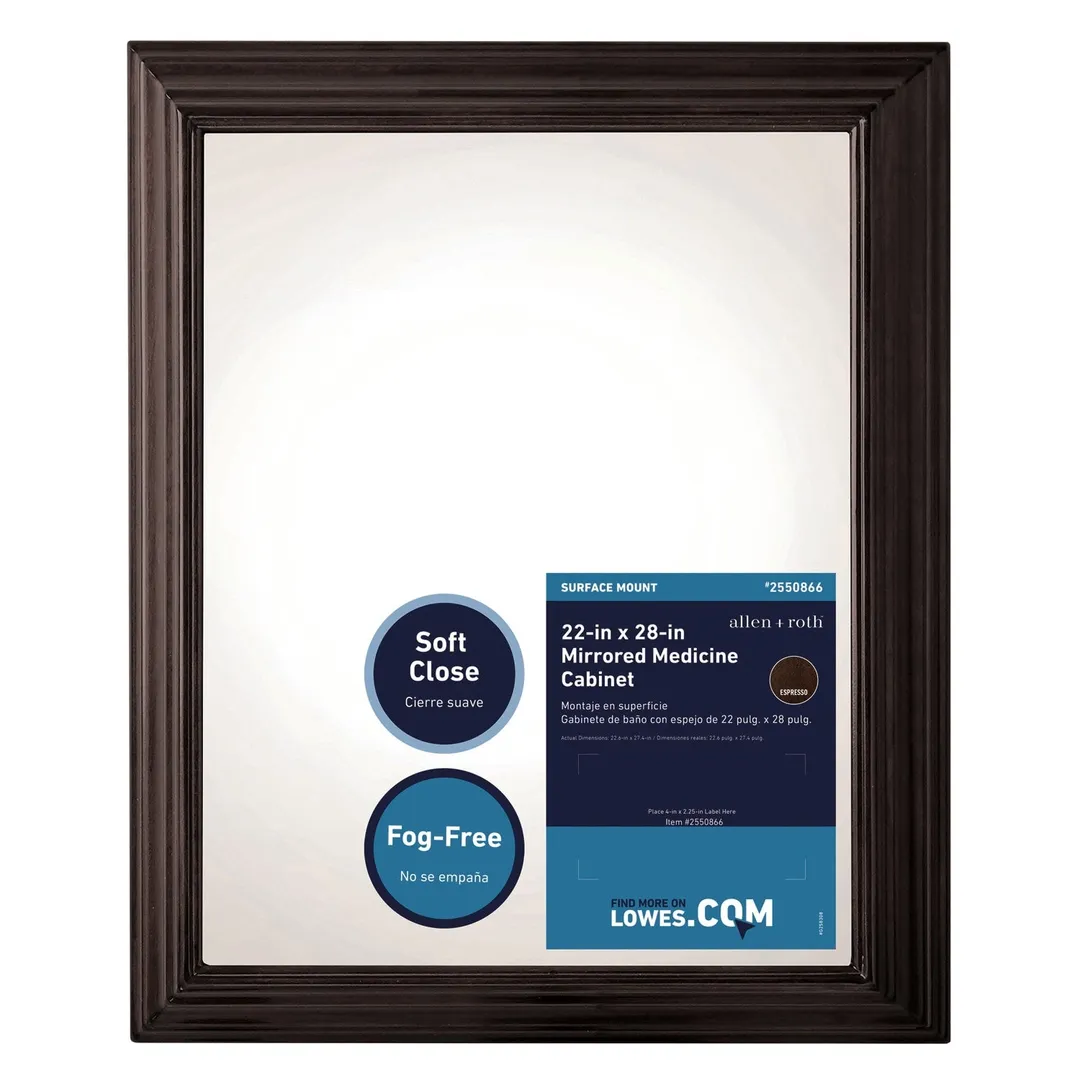 allen + roth 22.5-in x 27.5-in Fog Free Surface Mount Espresso Mirrored Soft Close Medicine Cabinet, photo 11 of 14