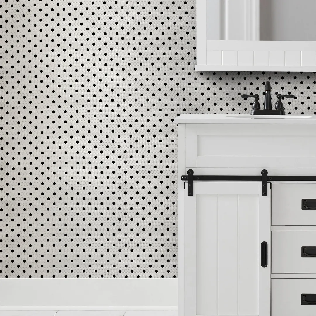 Satori Hudson Brilliant White and Black 10-in x 12-in Matte Porcelain Hexagon Mosaic Wall Tile (0.82-sq. ft/ Piece), photo 2 of 11