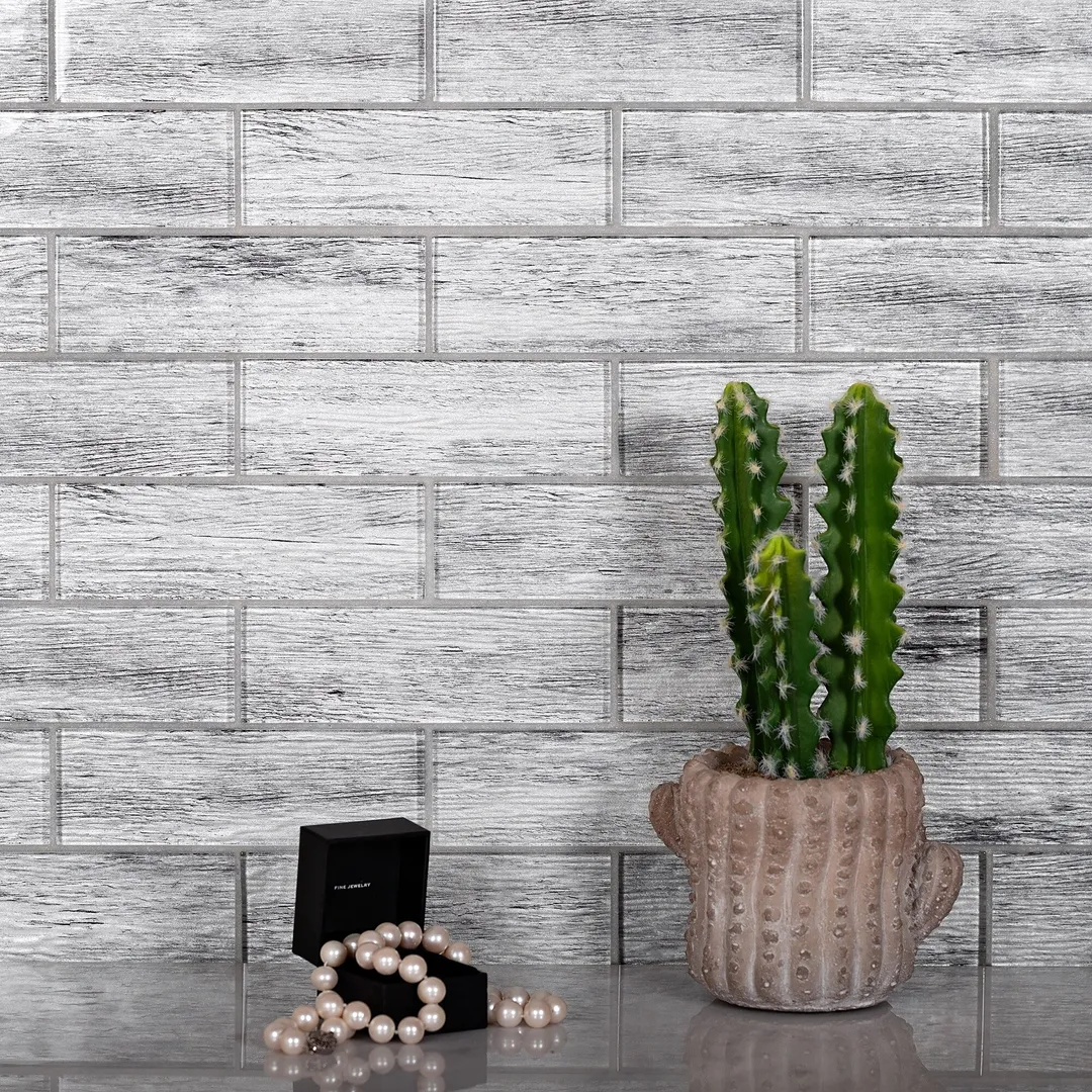Apollo Tile (Sample) Gray 4-in x 4-in Glossy Glass Brick Wood Look Floor and Wall Tile, photo 3 of 11
