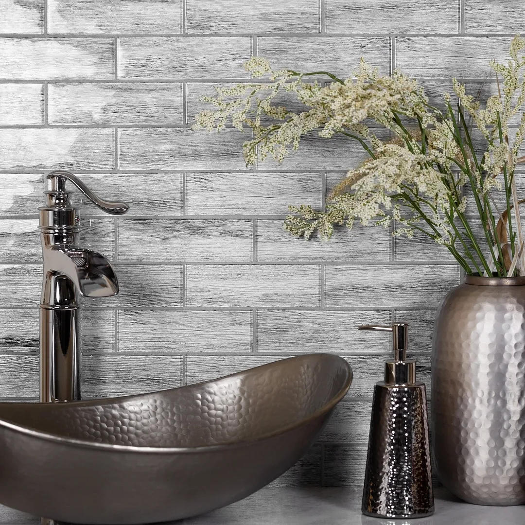 Apollo Tile (Sample) Gray 4-in x 4-in Glossy Glass Brick Wood Look Floor and Wall Tile, photo 2 of 11