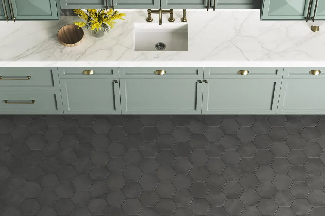 Satori Nouveau Nero 7-in x 8-in Matte Porcelain Encaustic Hexagon Floor and Wall Tile (0.28-sq. ft/ Piece), photo 5 of 15