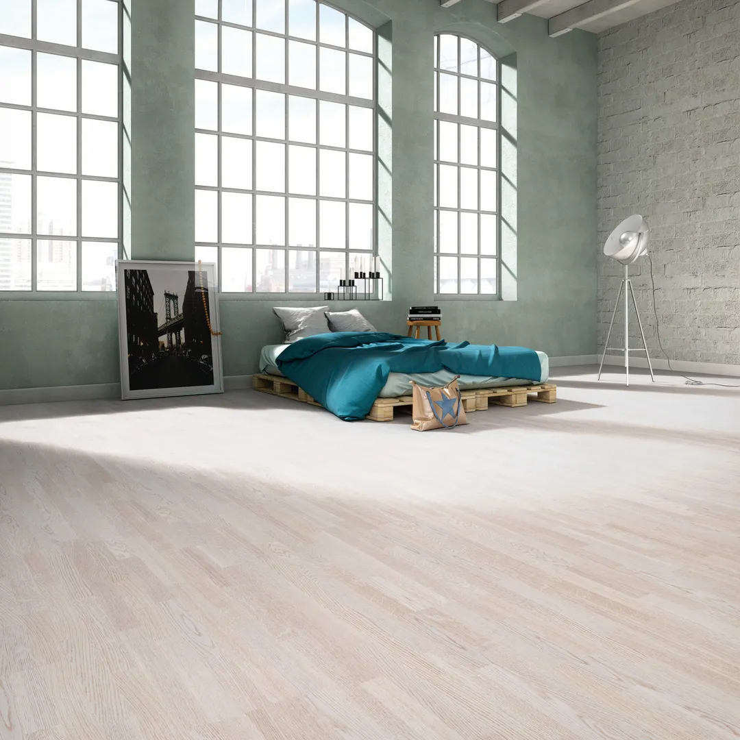 allen + roth allen+roth Frosty is an Oak wood floor with brown, a wire brushed texture, and a low-gloss finish that highlights the wood's natural variation European white oak 1/2-in T x 7-31/64-in W Water Resistant Wirebrushed Engineered Hardwood Flo, photo 2 of 11