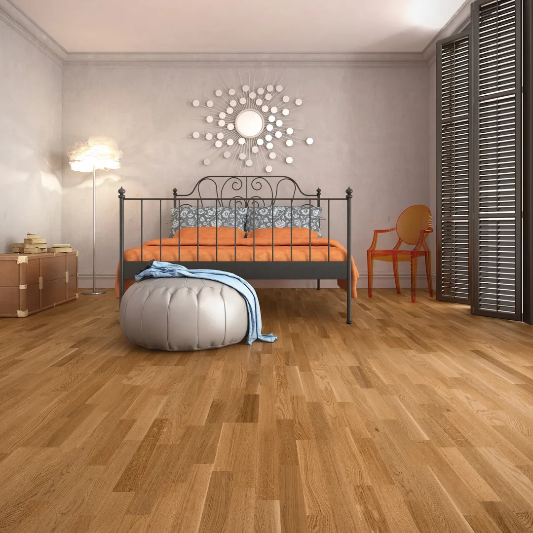 allen + roth allen+roth Amber is an Oak wood floor with brown, a wire brushed texture, and a low-gloss finish that highlights the wood's natural variation European white oak 1/2-in T x 7-31/64-in W Water Resistant Wirebrushed Engineered Hardwood Floo, photo 2 of 10