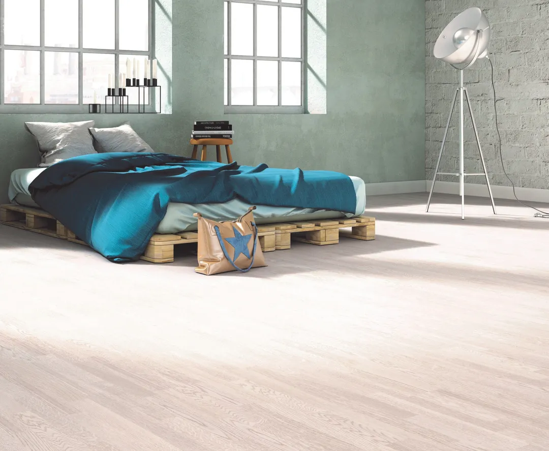 allen + roth allen+roth Frosty is an Oak wood floor with brown, a wire brushed texture, and a low-gloss finish that highlights the wood's natural variation European white oak 1/2-in T x 7-31/64-in W Water Resistant Wirebrushed Engineered Hardwood Flo, photo 4 of 11