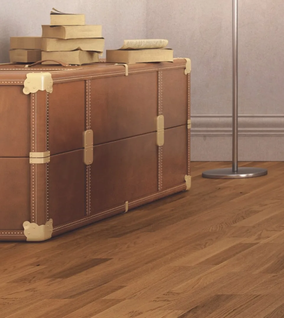 allen + roth allen+roth Amber is an Oak wood floor with brown, a wire brushed texture, and a low-gloss finish that highlights the wood's natural variation European white oak 1/2-in T x 7-31/64-in W Water Resistant Wirebrushed Engineered Hardwood Floo, photo 4 of 10