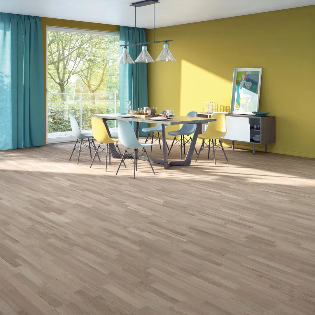 allen + roth allen+roth Smokey is an Oak wood floor with gray, a wire brushed texture, and a low-gloss finish that highlights the wood's natural variation European white oak 1/2-in T x 7-31/64-in W Water Resistant Wirebrushed Engineered Hardwood Floo, photo 2 of 11