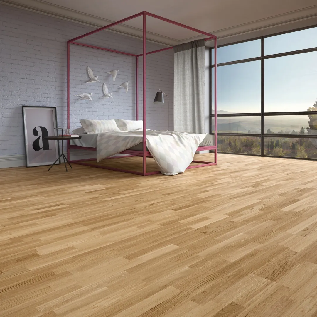 allen + roth allen+roth Brushed is an Oak wood floor with brown, a wire brushed texture, and a low-gloss finish that highlights the wood's natural variation European white oak 1/2-in T x 7-31/64-in W Water Resistant Wirebrushed Engineered Hardwood Fl, photo 2 of 11