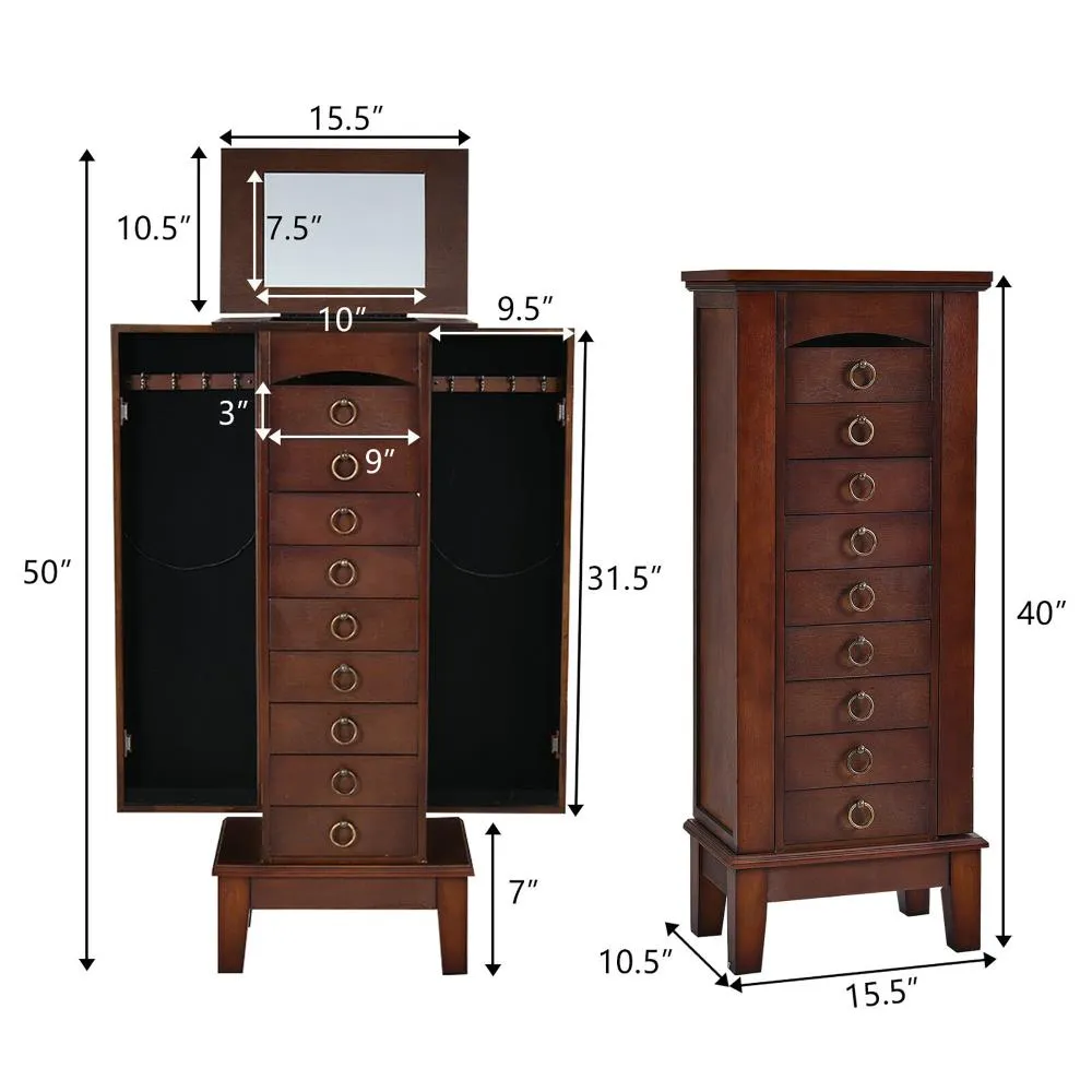 Costway Contemporary Walnut Jewelry Armoire with 9 Drawers and Partitioned Storage, Freestanding Floor Cabinet with Mirror, photo 6 of 12