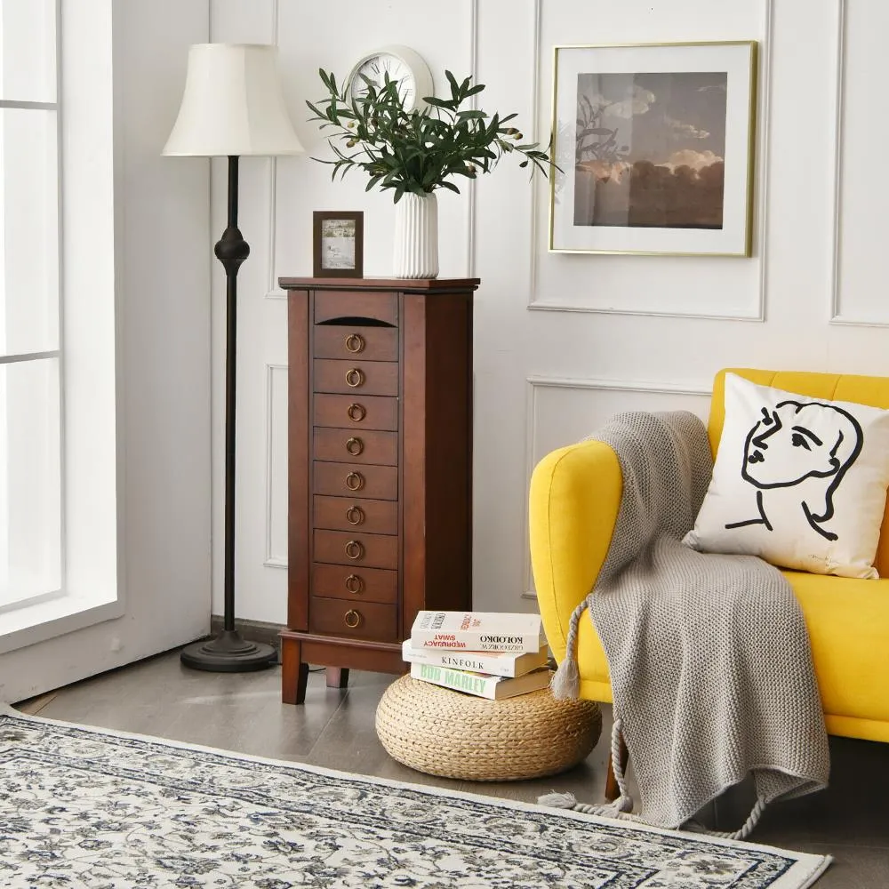 Costway Contemporary Walnut Jewelry Armoire with 9 Drawers and Partitioned Storage, Freestanding Floor Cabinet with Mirror, photo 11 of 12