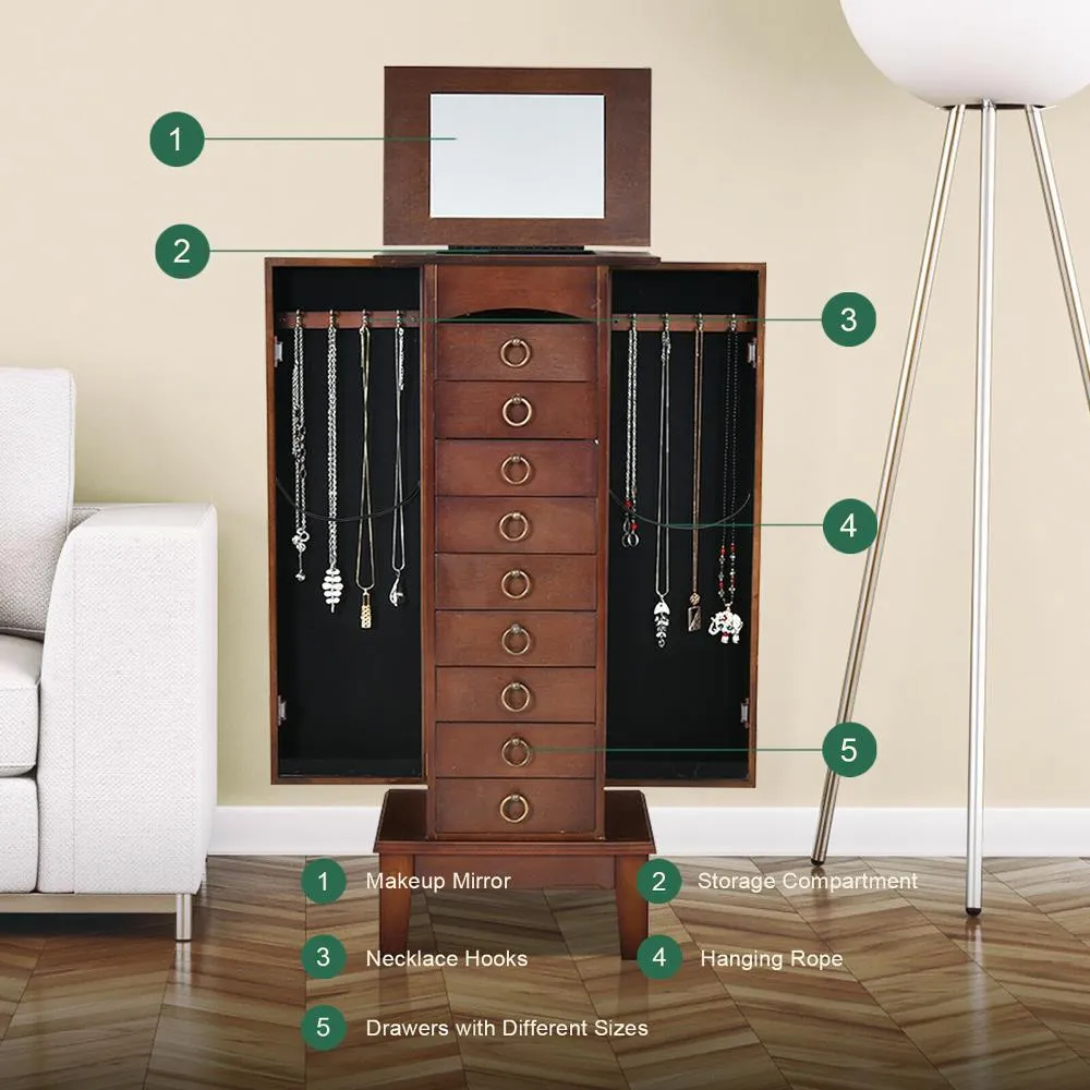 Costway Contemporary Walnut Jewelry Armoire with 9 Drawers and Partitioned Storage, Freestanding Floor Cabinet with Mirror, photo 10 of 12