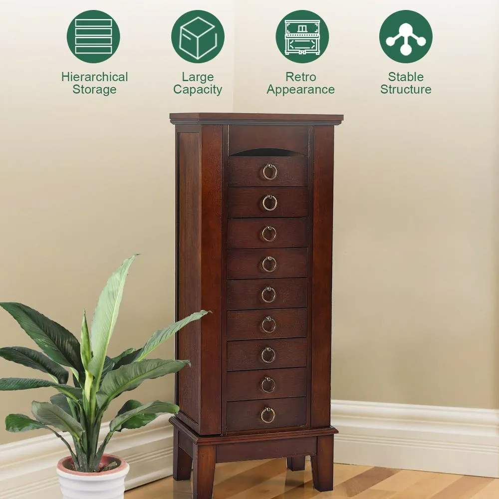 Costway Contemporary Walnut Jewelry Armoire with 9 Drawers and Partitioned Storage, Freestanding Floor Cabinet with Mirror, photo 7 of 12