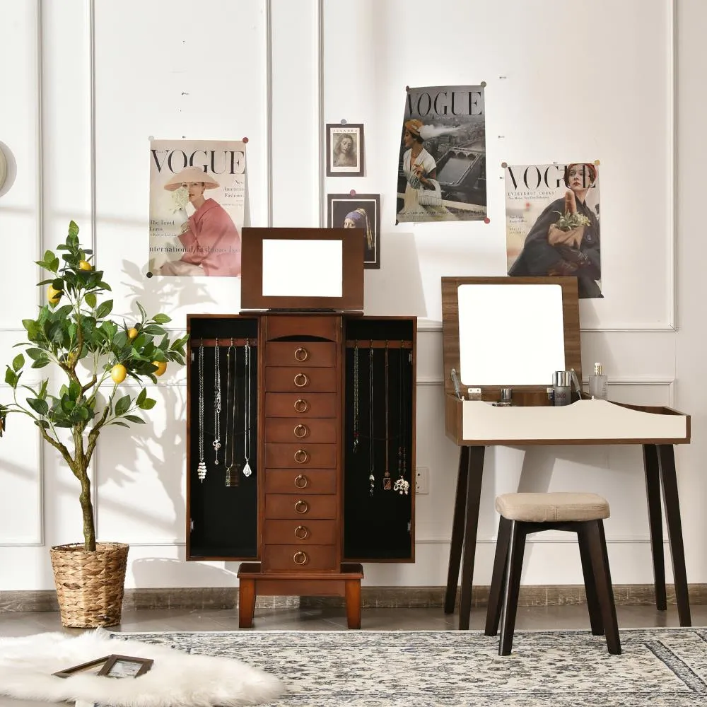 Costway Contemporary Walnut Jewelry Armoire with 9 Drawers and Partitioned Storage, Freestanding Floor Cabinet with Mirror, photo 12 of 12