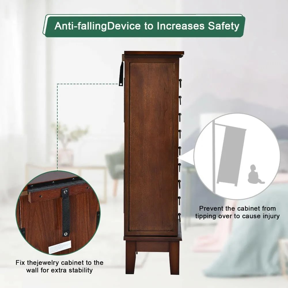 Costway Contemporary Walnut Jewelry Armoire with 9 Drawers and Partitioned Storage, Freestanding Floor Cabinet with Mirror, photo 8 of 12